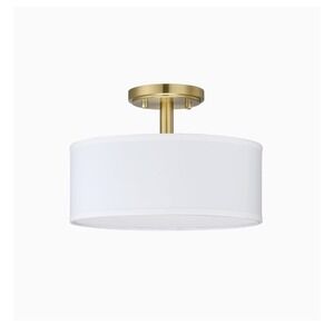 Modern Drum Flush Mount Ceiling Light Fixture Gold Finish White Fabric Shade 12"